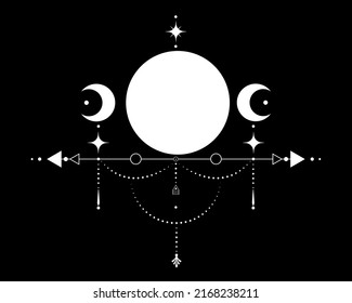 Triple Moon, Sacred Geometry, mystical arrows and crescent moon, dotted lines in boho style, wiccan icon, alchemy esoteric mystical magic sign. Spiritual occultism vector isolated on black background