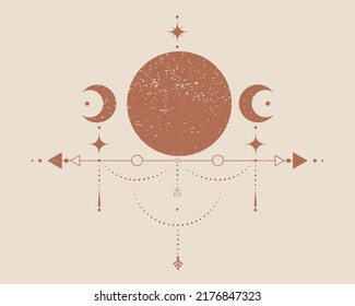 Triple Moon, Sacred Geometry, mystical arrows, crescent moon, dotted lines in boho style, wiccan icon, alchemy esoteric mystical magic sign. Spiritual occultism vector isolated old vintage background