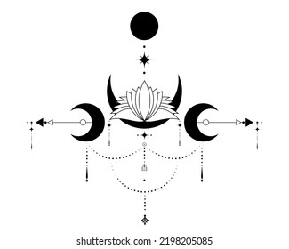 Triple Moon, Sacred Geometry, mystical arrows and crescent moon, Sacral Lotus Flower, dotted lines in boho style, wiccan icon, alchemy esoteric mystical magic sign. vector isolated on white background