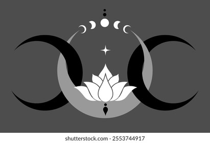 Triple Moon and Sacred Lotus flower with Moon Phases logo design. Mystical Goddess, Floral magic celestial clipart of yoga, spa, wiccan, beauty salon, cosmetics, relax, brand style, tattoo. Isolated 