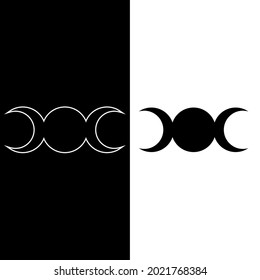 Triple moon sign icon. Concept of Triple Goddess: maiden, mother, old woman. Wicca isolated icon in black with white outline. Esotericism, witchcraft. Vector illustration on white, black background 