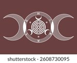 Triple Moon symbol on the Mother Seal of Hekate aka Hecate Greek Goddess of Witchcraft Underworld Necromancy Crossroads Spiritual Greco Roman Witch Wicca Sigil, vector isolated on brown background