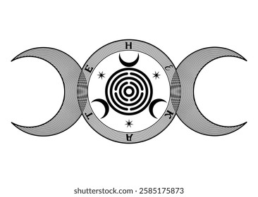 Triple Moon symbol on the Mother Seal of Hekate aka Hecate Greek Goddess of Witchcraft Underworld Necromancy Crossroads Spiritual Greco Roman Witch Wicca Sigil, vector isolated on white background