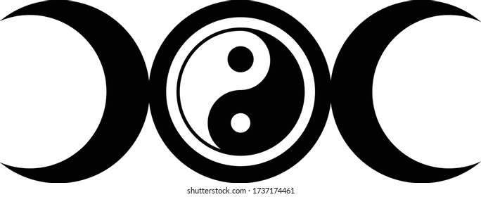 Triple Moon Symbol with ying and yang at the centre in black and white