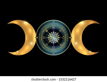 triple moon Wicca pagan goddess, wheel of the Year is an annual cycle of seasonal festivals. Wiccan calendar and holidays. Compass with in the middle pentagram symbol, names in Celtic of the Solstices