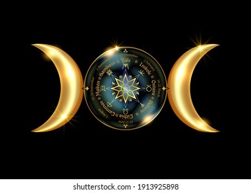 triple moon Wicca pagan goddess, wheel of the Year is an annual cycle of seasonal festivals. Wiccan calendar and holidays. Compass with in the middle pentagram symbol, names in Celtic of the Solstices