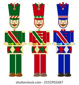 Triple Nutcrackers of Christmas theme, red, green, blue. Icons symbol group of object. Vector. White background.