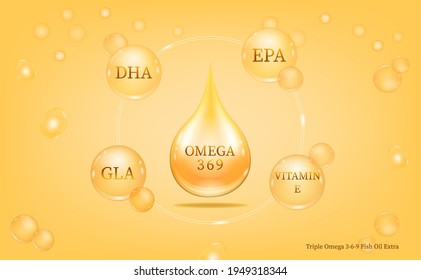 Triple Omega 3 6 9 fish-Oil extra vitamin drop pill capsule. Shining golden essence droplet. Beauty treatment nutrition skin care design. Vector illustration.