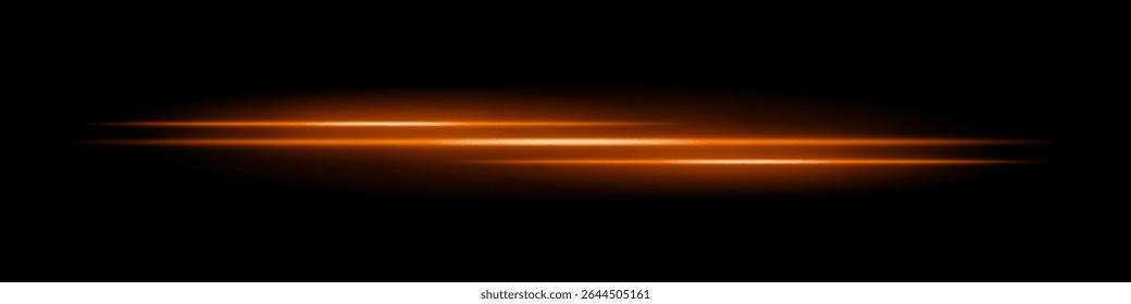 Listras de luz laranja triplas com desfoque brilhante e trilha de movimento no plano de fundo preto. Feixes de laser horizontais dinâmicos ideais para efeitos de velocidade, HUDs futuristas ou sobreposições de ficção científica.