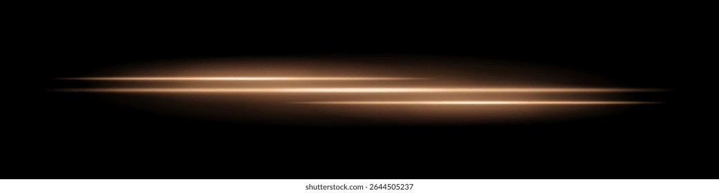 Listras de luz laranja triplas com desfoque brilhante e trilha de movimento no plano de fundo preto. Feixes de laser horizontais dinâmicos ideais para efeitos de velocidade, HUDs futuristas ou sobreposições de ficção científica.