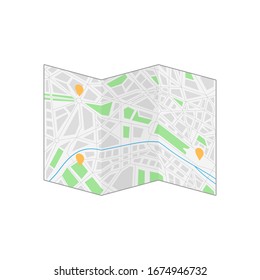 triple paper map of the city. concept of type of urban area, place with highway, roundabout, river, park. sample sign for app nav with favorite mark. simple flat symbol isolated on white background
