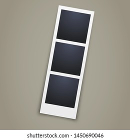 Triple photo template design - blank frame with 3 photos - realistic photo booth image illustration on grey background