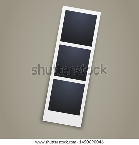 Triple photo template design - blank frame with 3 photos - realistic photo booth image illustration on grey background