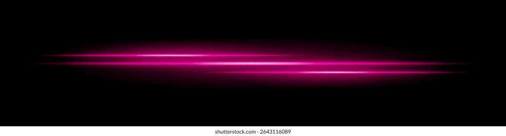 Triple pink light streaks with glowing blur and motion trail on black background. Dynamic horizontal laser beams ideal for speed effects, futuristic HUDs, or sci-fi overlays.