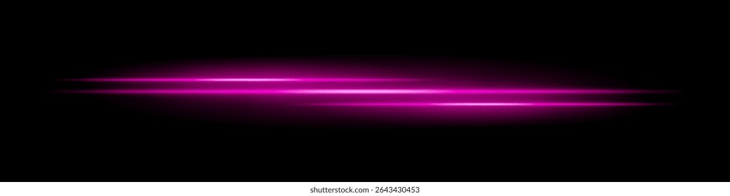 Listras de luz rosa triplas com desfoque brilhante e trilha de movimento no plano de fundo preto. Feixes de laser horizontais dinâmicos ideais para efeitos de velocidade, HUDs futuristas ou sobreposições de ficção científica.