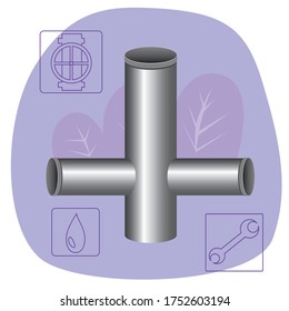 Dreifach-Rohr, Schlot, Wassertropfen und ein Schlüssel als Konzept der Klempnerdienste. Stock-Vektorflache Illustration mit einem Pipe-Schlot auf dem Hintergrund von Blättern als Konzept der Pflege und Frische