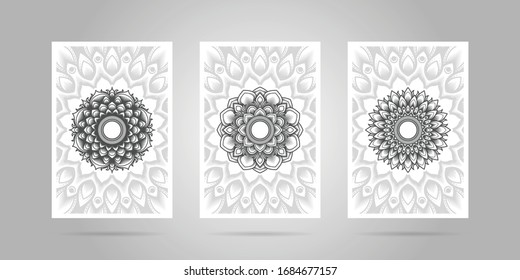 Decoración de carteles triples o paredes adornadas con adornos de flores de mandala en blanco y negro. Adecuado para la decoración de las habitaciones de yoga. Juego de adornos de mandala india.