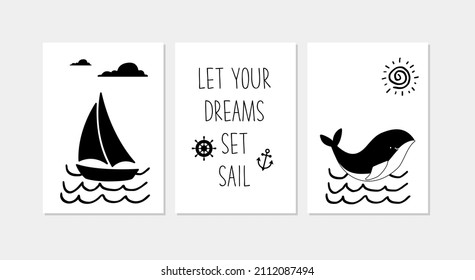 Triple poster for the wall. Sailboat and whale with slogan for design printing.