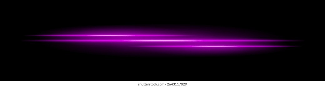Listras triplas de luz roxa com desfoque brilhante e trilha de movimento no plano de fundo preto. Feixes de laser horizontais dinâmicos ideais para efeitos de velocidade, HUDs futuristas ou sobreposições de ficção científica.
