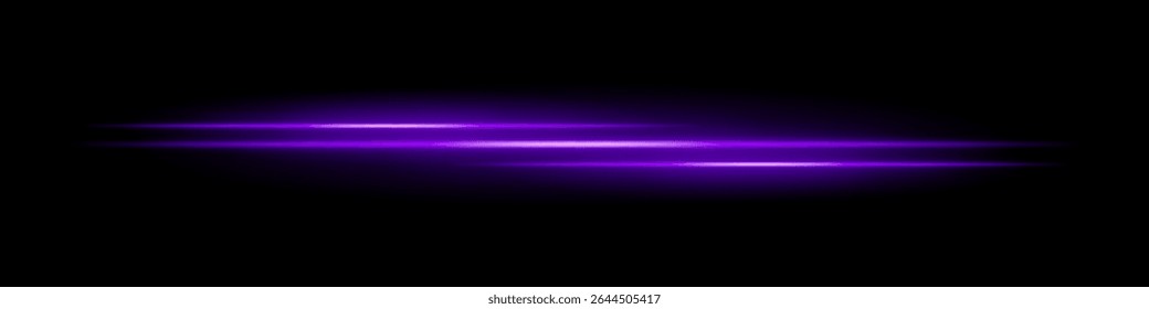 Listras triplas de luz roxa com desfoque brilhante e trilha de movimento no plano de fundo preto. Feixes de laser horizontais dinâmicos ideais para efeitos de velocidade, HUDs futuristas ou sobreposições de ficção científica.