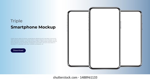 Triple realistic smartphone template mockup for user experience presentation. Stylish concept design for websites, applications and landing pages. 