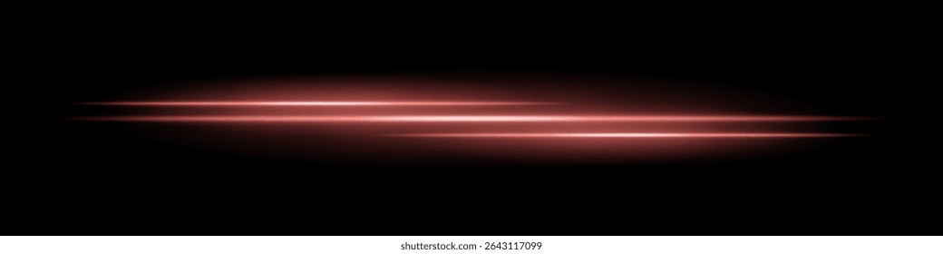 Listras de luz vermelha triplas com desfoque brilhante e trilha de movimento no plano de fundo preto. Feixes de laser horizontais dinâmicos ideais para efeitos de velocidade, HUDs futuristas ou sobreposições de ficção científica.