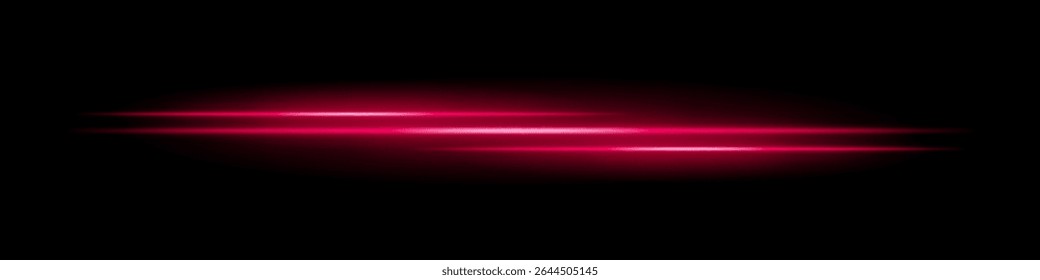 Listras de luz vermelha triplas com desfoque brilhante e trilha de movimento no plano de fundo preto. Feixes de laser horizontais dinâmicos ideais para efeitos de velocidade, HUDs futuristas ou sobreposições de ficção científica.