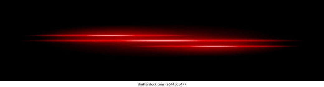 Listras de luz vermelha triplas com desfoque brilhante e trilha de movimento no plano de fundo preto. Feixes de laser horizontais dinâmicos ideais para efeitos de velocidade, HUDs futuristas ou sobreposições de ficção científica.