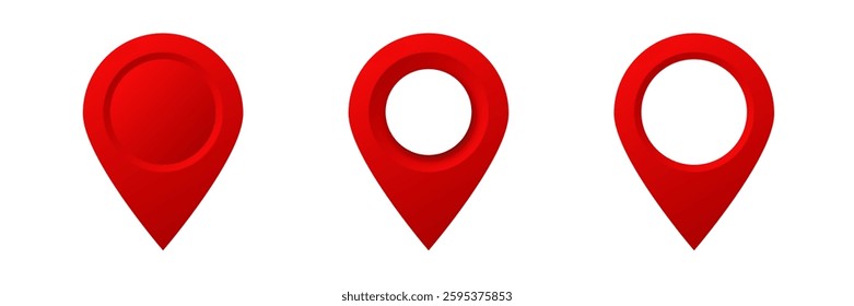 Triple red location pins with unique hole designs. ideal for maps, travel, or navigation tools.