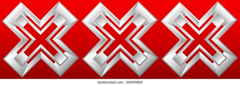 Triple red X letter, X shape. Red cross icon for negative, decline, error concepts