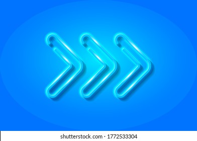 Triple flechas derecha que brillan con el símbolo 3D, plantilla de tarjeta. Ilustración vectorial realista. Fondo azul.