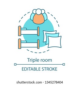Triple room concept icon. Hotel, apartment booking. Suite with single beds. Three guests accommodation idea thin line illustration. Vector isolated outline drawing. Editable stroke