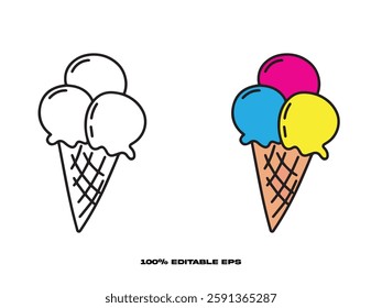 Triple Scoop Ice Cream Cone Coloring Page Illustration