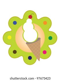 Triple scoop ice cream cone with a cherry on top and background design element indicating multiple flavors