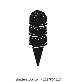 Triple scoop ice cream with sprinkles on cone illustration. Simple flat vector icon design.