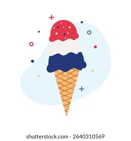 Triple Scoop Red White and Blue Ice Cream Cone for Summer Independence Celebration Dessert Theme