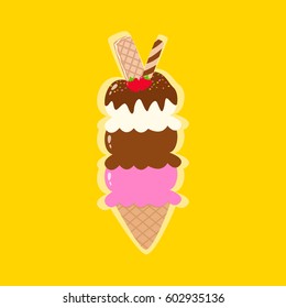 triple scoops ice cream cone with wafers and strawberries vector.