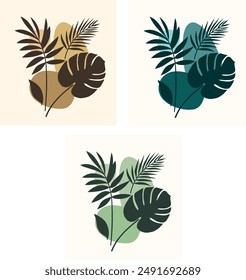 Triple seamless pattern of exotic leaves and tropical plants. Illustrations. Ideal for summer decor, textiles, and fashion.