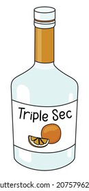 Triple Sec transparent Orange Liquor in a bottle. Doodle cartoon hipster style vector illustration isolated on white background. Good for party card, posters, bar menu or alcohol cook book recipe