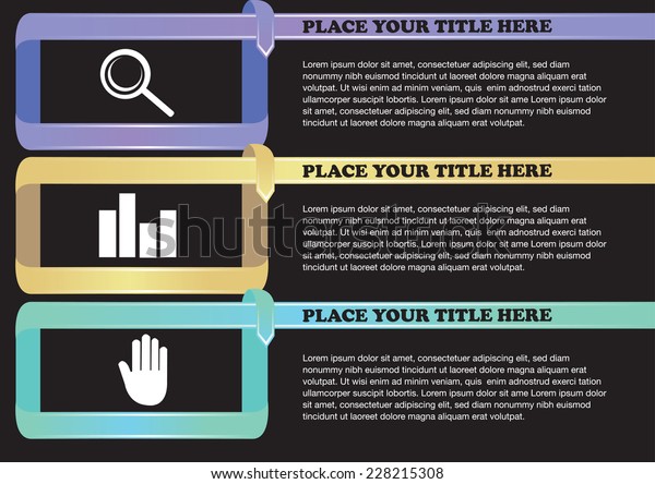 Triple\
section page layout design for infographic chart. Colorful ribbons\
with white icons and text on black\
background.