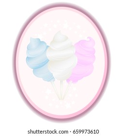 Triple serving of cotton candy white blue and pink on a purple background with the stars. Vector illustration of sweets on a brooch.