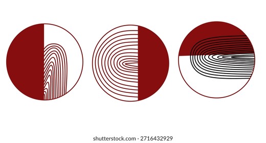 Conjunto triplo de papel de parede círculo preto e vermelho. Ilustração da arte abstrata contemporânea. Conceito boêmio para paredes e interiores.