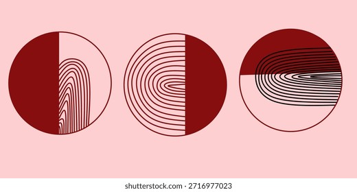Conjunto triplo de papel de parede círculo preto e vermelho. Ilustração da arte abstrata contemporânea. Conceito boêmio para paredes e interiores.