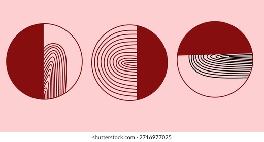 Conjunto triplo de papel de parede círculo preto e vermelho. Ilustração da arte abstrata contemporânea. Conceito boêmio para paredes e interiores.