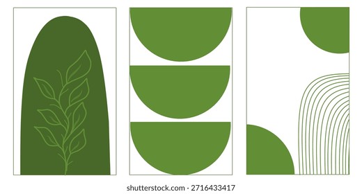 Triple conjunto de Fondo de pantalla circular verde. Ilustración de arte abstracto contemporáneo. Concepto bohemio para paredes e interiores.