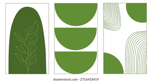 Conjunto triplo de papel de parede círculo verde. Ilustração da arte abstrata contemporânea. Conceito boêmio para paredes e interiores.