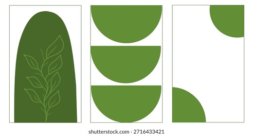Conjunto triplo de papel de parede círculo verde. Ilustração da arte abstrata contemporânea. Conceito boêmio para paredes e interiores.