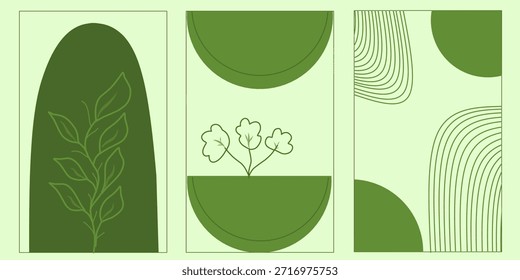 Conjunto triplo de papel de parede círculo verde. Ilustração da arte abstrata contemporânea. Conceito boêmio para paredes e interiores.