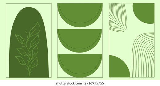 Conjunto triplo de papel de parede círculo verde. Ilustração da arte abstrata contemporânea. Conceito boêmio para paredes e interiores.