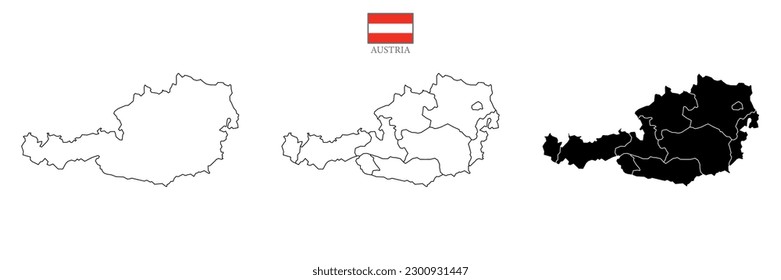Triple set map of Austria with division to region on color. Flat design with national flag. Outline version on white background. Vector illustration.